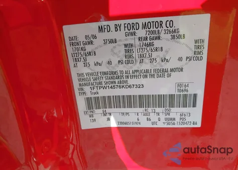 2006 Ford F-150 Fx4/Lariat/Xlt из США, поврежденный, VIN 1FTPW14576KD67323